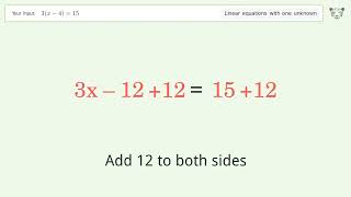 Linear equation with one unknown: Solve 3(x-4)=15 step-by-step solution