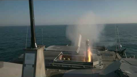 USS Milwaukee fires a Longbow Hellfire missile during a live-fire missile exercise.