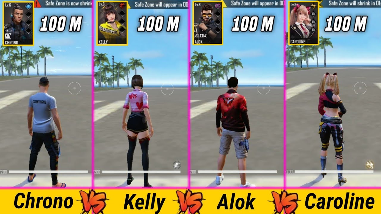 ALOK VS KELLY VS CHRONO VS CAROLINE SPEED ABILITY TEST FREE FIRE-PARA SAMSUNG,A3,A5,A6,A7,J2,J5,J7,