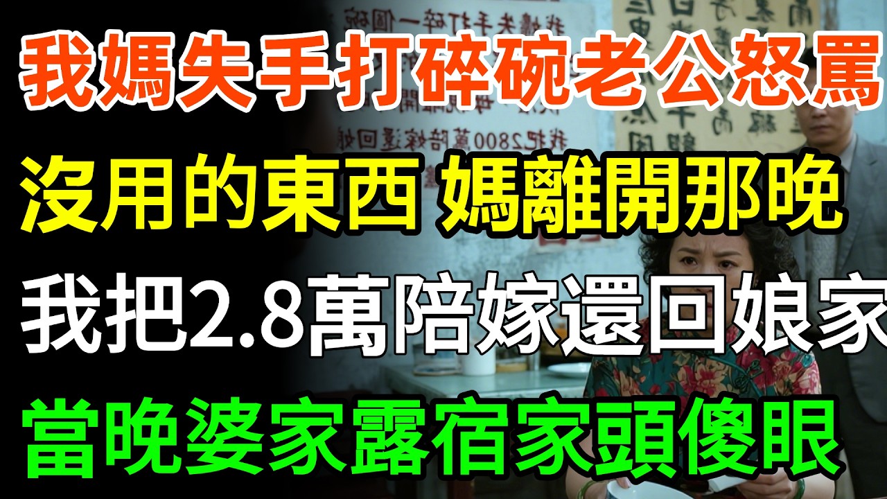 我媽失手打碎一個碗，老公怒罵：沒用的東西快滾，媽媽離開那晚，我把2800萬陪嫁還回娘家，當晚婆家露宿家頭，傻眼了！#故事頻道 #故事分享 #movie