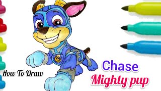 How To Draw + Colour Chase The Mighty Pup / Mighty Chase Pup from Paw Patrol Step by step