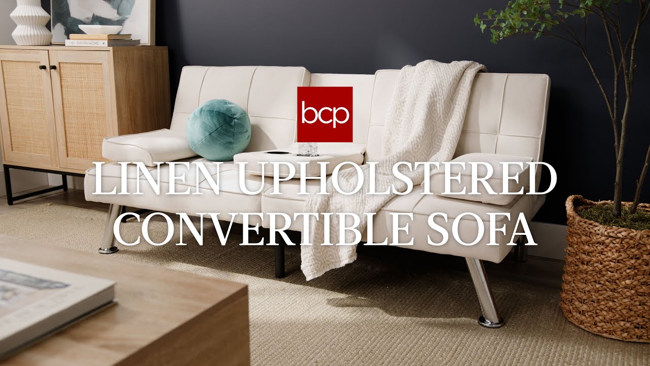 Linen Upholstered Convertible Sofa Bed Futon w/ 2 Cupholders