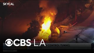 Crews battle Lake Balboa fire in flood control channel