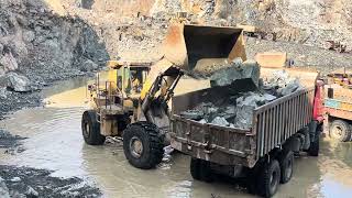 CAT 966D Loader Heavy Rock Loading into Dump Truck | Strong Quarry Machinery in Action