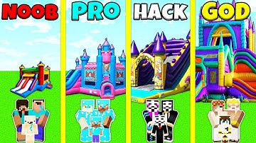 Minecraft Battle: NOOB vs PRO vs HACKER vs GOD: BOUNCY CASTLE BASE HOUSE BUILD CHALLENGE / Animation