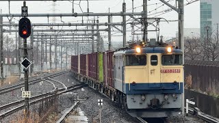 A scene of a freight train consisting of EF65-2080 locomotive and 20 container cars passing by (7...