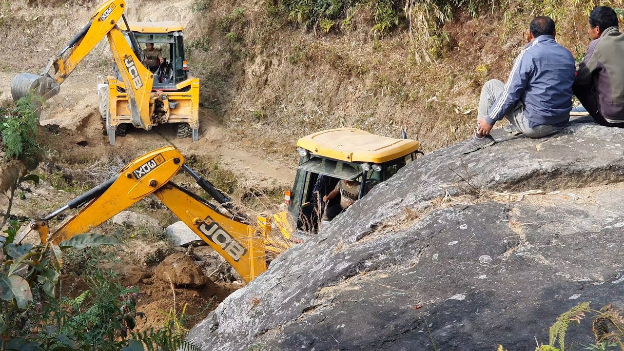 JCB Backhoe Opening New Track on Hill - Happy Villagers Watching JCB Work
