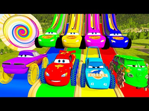 BeamNG Drive - Funny Cars vs Long Cars and Mcqueen with Slide Color - Truck Rescue Long Cars