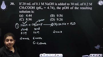 If 20 mL of 0.1 M NaOH is added to 30 mL of 0.2 M CH3COOH (pKa = 4.74), the pOH of the resulting....