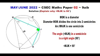 Paper2-CSEC-MATHS-340 ~ Circle Geometry & The Angle in a Semicircle ~ May/June 2022 Number 9aib