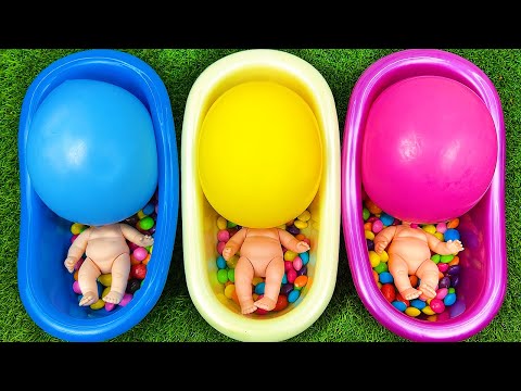 Rainbow Satisfying Video l ASMR Mixing Candy & Skittles in Three Bathtubs Baloons with M&M's Slime