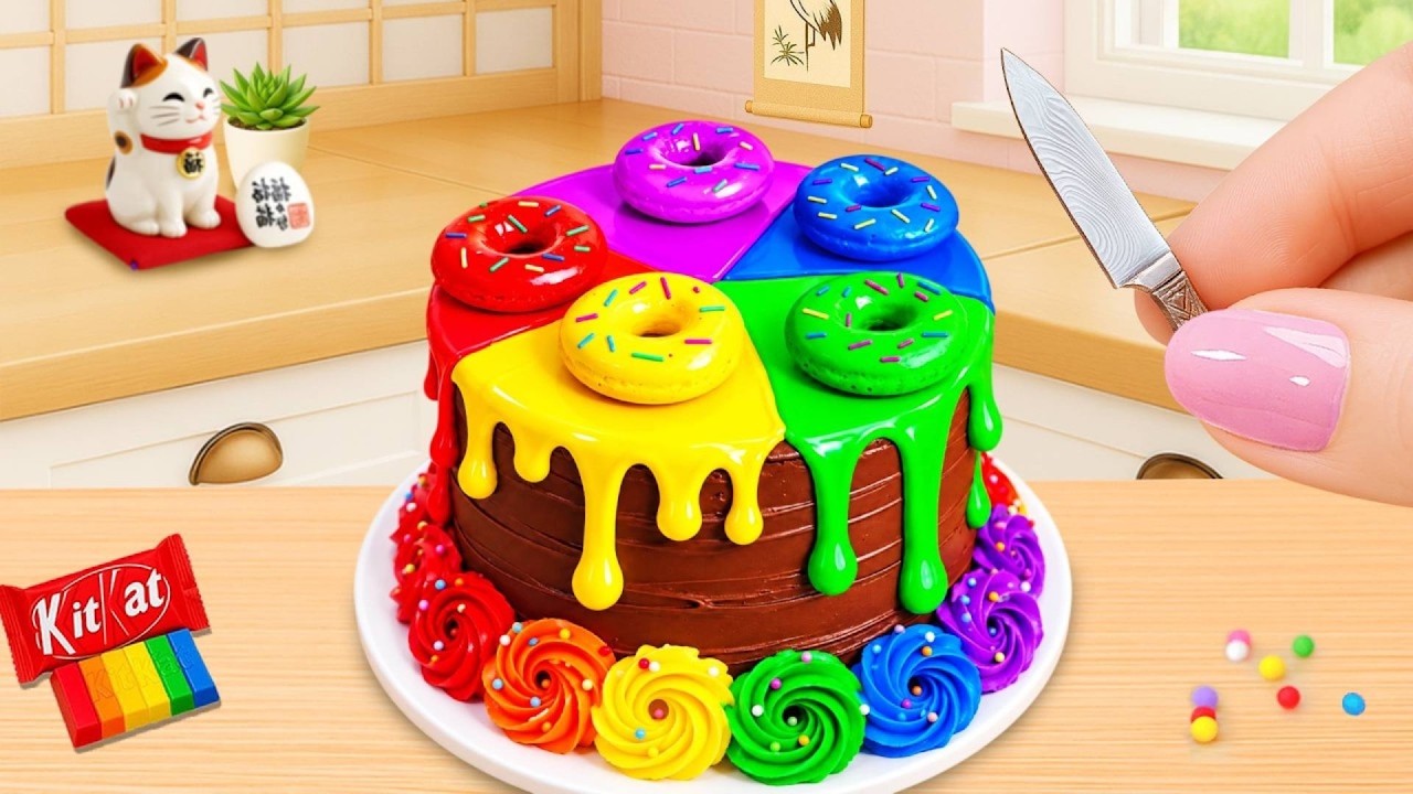 Tiny Rainbow Drip Chocolate Cake 💕 かわいいミニチュアレインボー