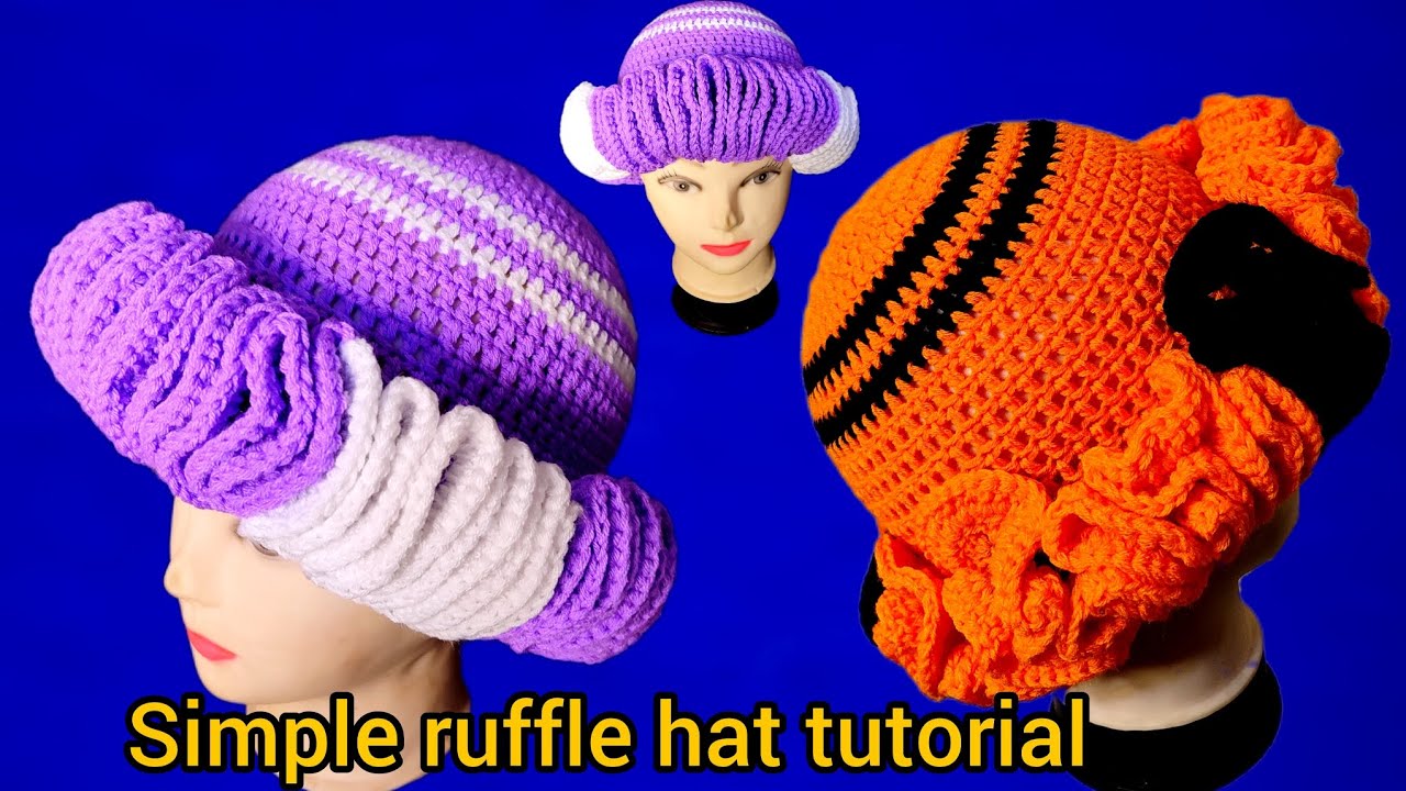 Учебное пособие по вязанию крючком шапки с оборкой/Как связать крючком простую двухцветную шапку ...