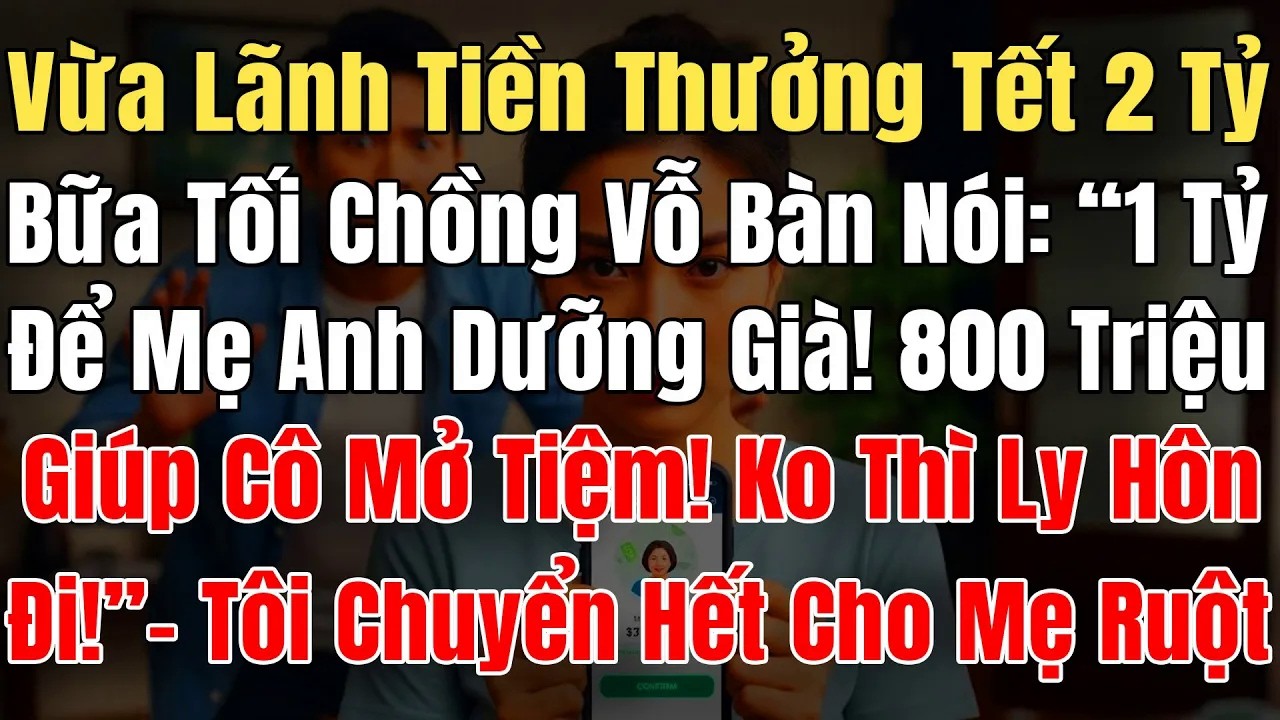 Vừa Lãnh Thưởng Tết 2 Tỷ Về, Bữa Tối Chồng Vỗ Bàn： “1 Tỷ Để Mẹ Dưỡng Già! 800 Triệu Giúp Cô Mở Tiệm!