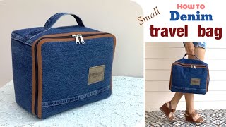 how to sew a denim small travel bags tutorial, sewing diy a small travel bags patterns, denim diy