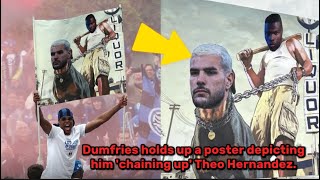 Denzel Dumfries holding up a poster of him chaining up Theo Hernandez during title celebrations! 😂