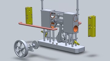 4 cylinder steam engine with rocking crosshead, exploded and motion video #SolidWorks #letsmakeitcad