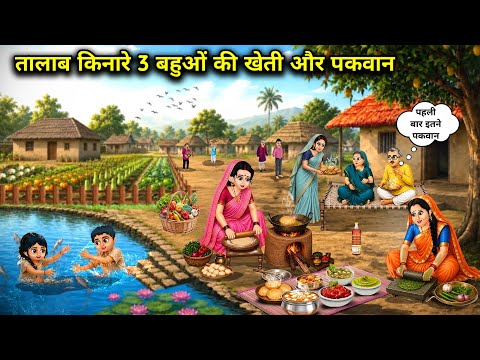 तालाब किनारे 3 बहुओं की खेती और पकवान || Cartoon Videos || Farming and cooking of 3 DIL at the pond