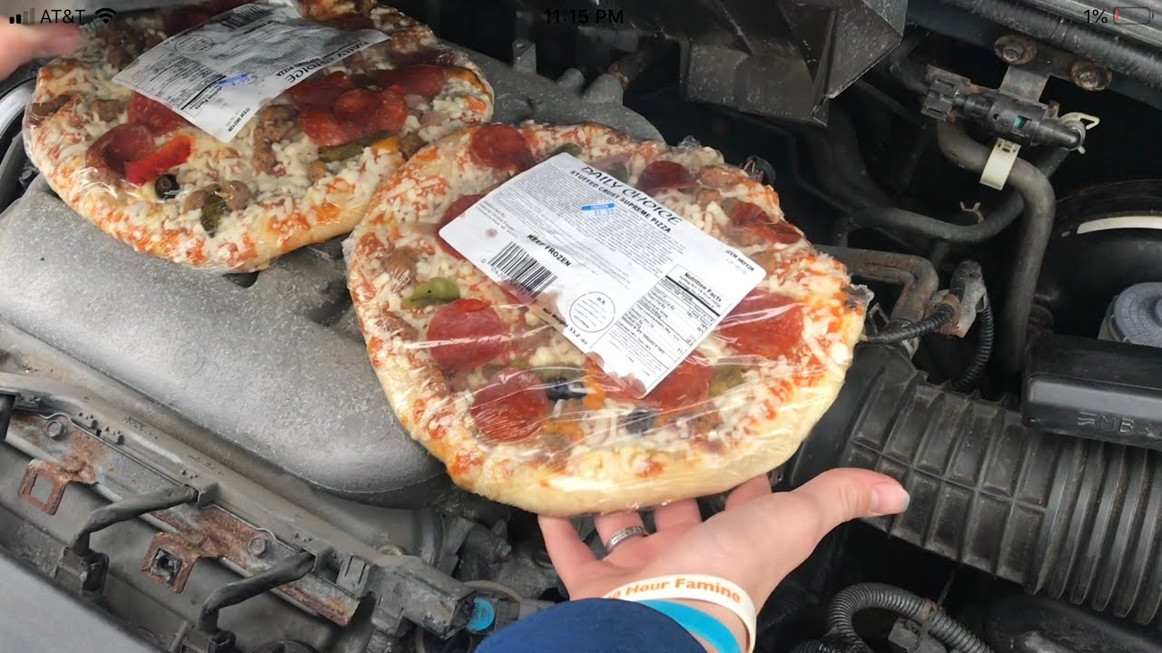 COOKING frozen pizzas on the ENGINE of a honda pilot (daily choice stuffed crust pizza) - YouTube