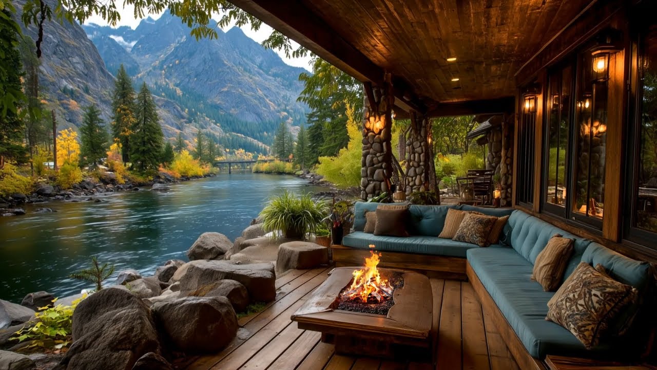 Cozy Riverside Cabin Porch | Firepit Ambience, Flowing River & Birds Sounds