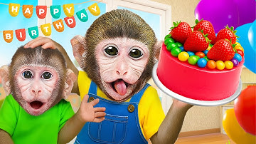 Monkey MoMo & Monkey Nana drives a tractor and harvest fruits on the farm to make a birthday cake