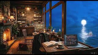 Cozy Oceanfront Cafe at Night 🌊 Fireplace &amp; Crashing Waves for Reading &amp; Study