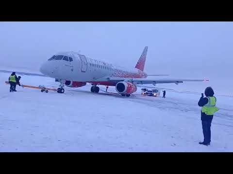 Russian Sukhoi SU95 Superjet 100 is being recovered at Saransk Airport