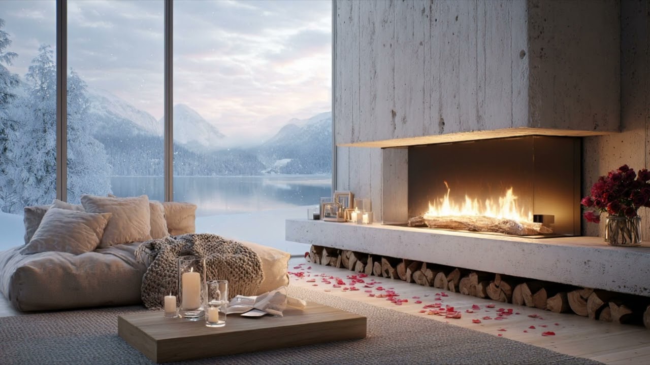 8 Hour Romantic Nordic Fireplace | 4K UHD Valentine's Day Fire Crackling Sounds | Cozy Winter Sleep