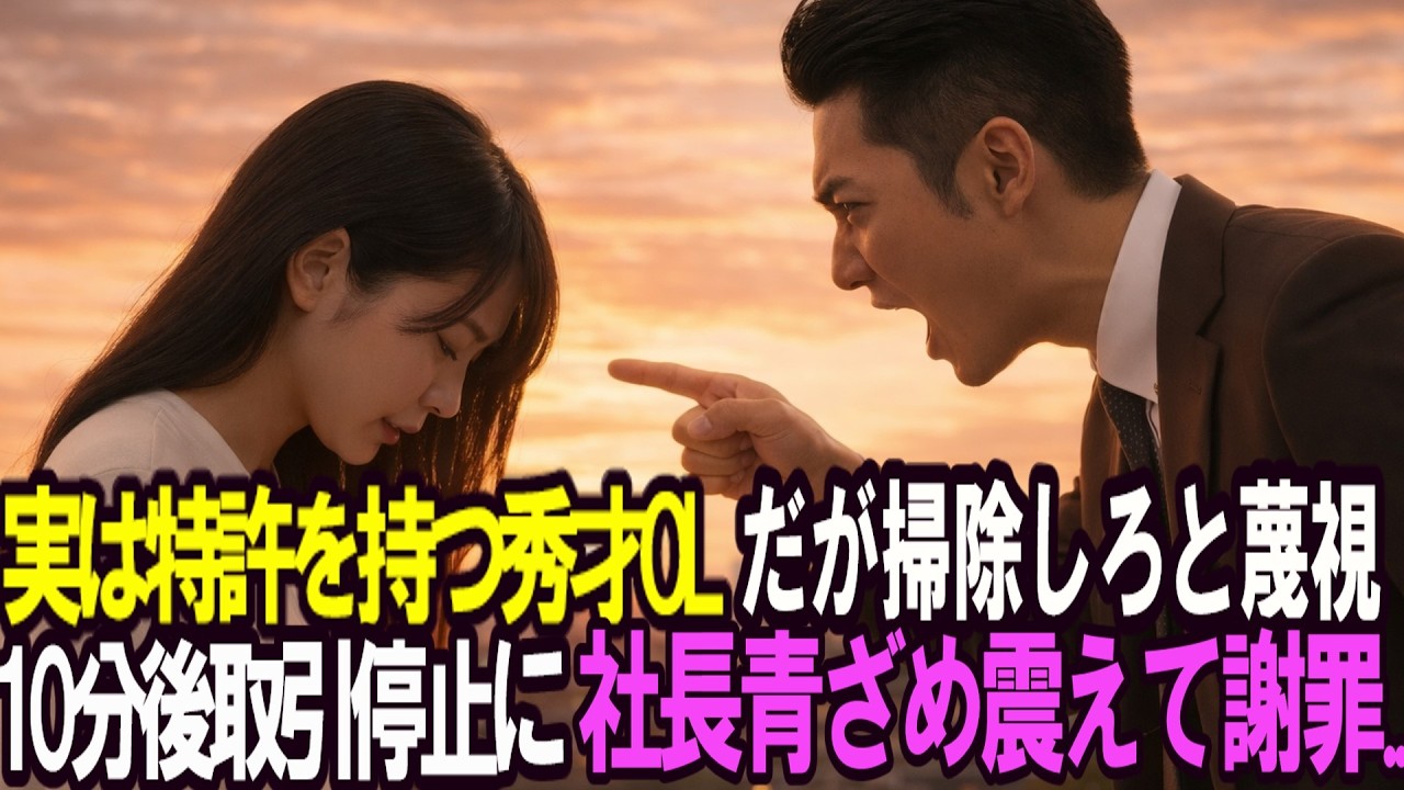 実は特許を持つ秀才OL。だが掃除しろと蔑視。10分後、取引停止に社長が青ざめ、震えて謝罪。