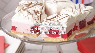 Cherry Gelatin Cream Cake with Chocolate Drizzle Recipe | Big Y Dig In