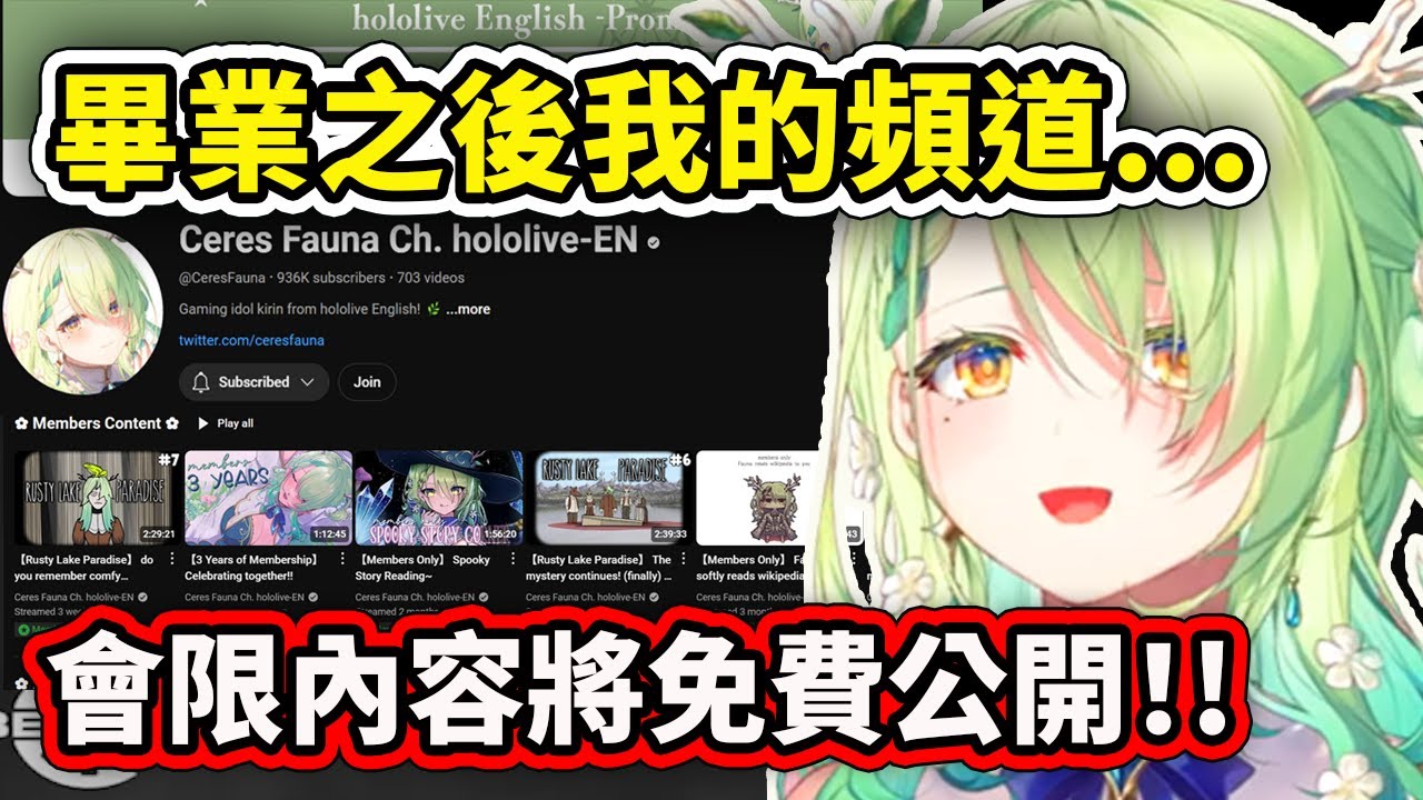 Fauna分享自己畢業之後頻道的會員限定直播存檔將會免費公開?! 無論有沒有會員大家都可以看【Ceres Fauna】【Hololive 中文精華】
