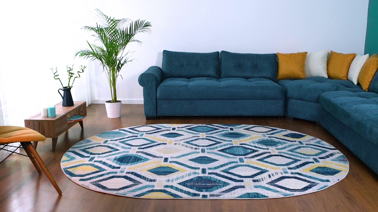 Antep Rugs Elite Collection Geometric Contemporary Distressed Indoor Area Rug Blue, 6'7'' x 9' Oval