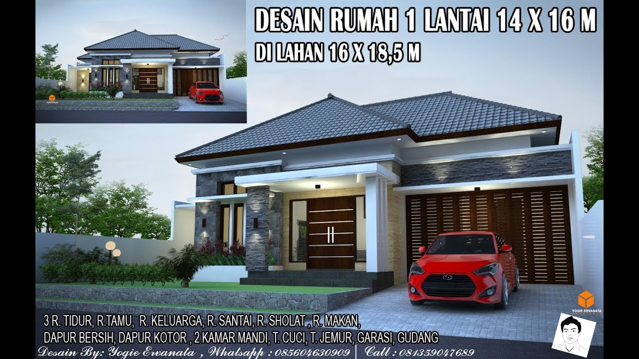 DESAIN RUMAH 1 LANTAI 16X14 M 3 RUANG TIDUR YouTube