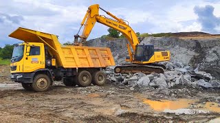 Today Went To See Excavator Loading Rock Slide Into Dump Truck After Blasting Sumitomo SH350 Machine