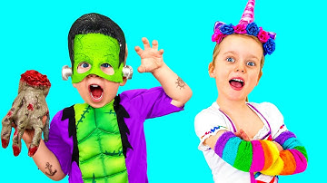 Alex and Gaby Dress Up Funny Costumes | Alex and Gaby Play HIDE AND SEEK with Inflatable Toys