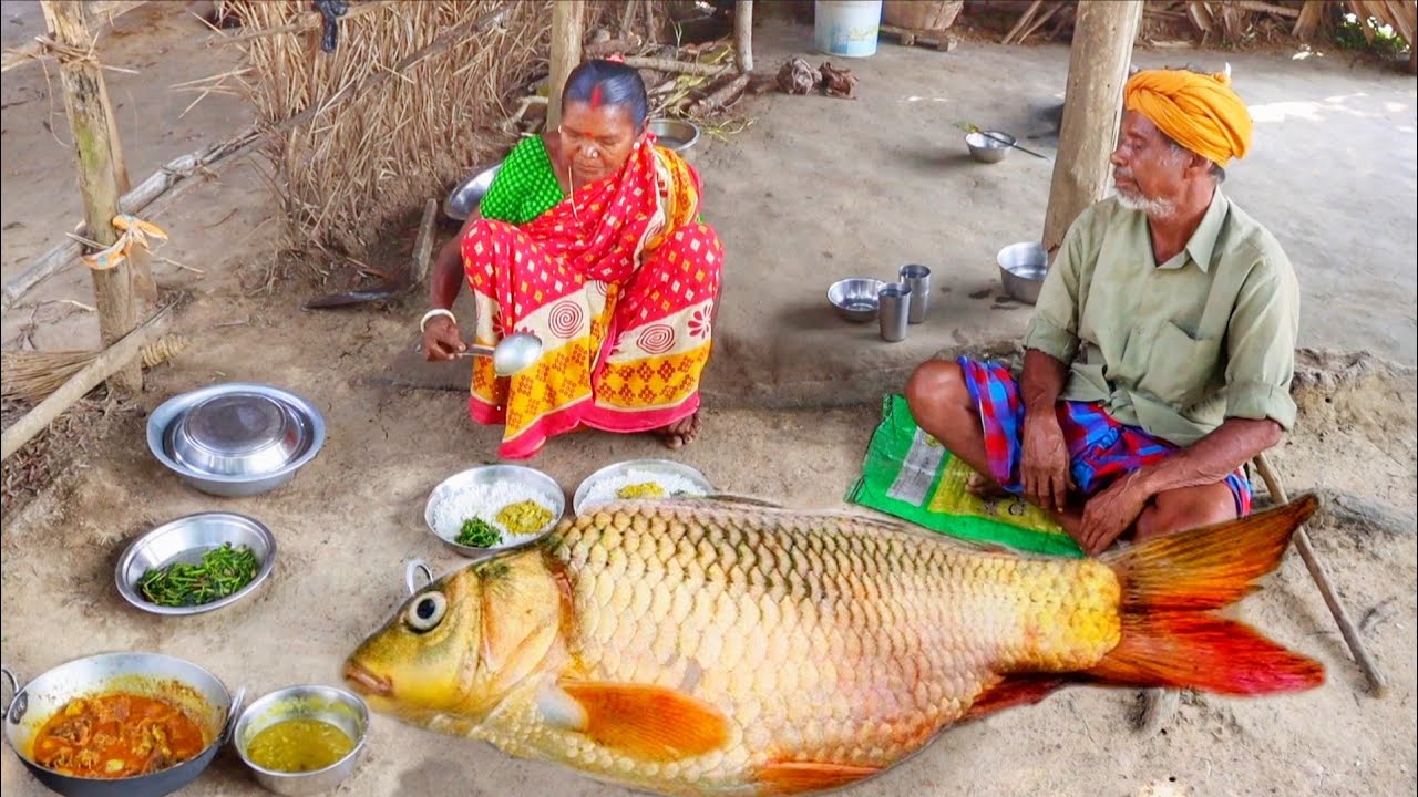 Delicious American Rohu Fish Curry, Shak Vaji, and Mushroom Dal Prepared and Enjoyed by a Santali Grandmother