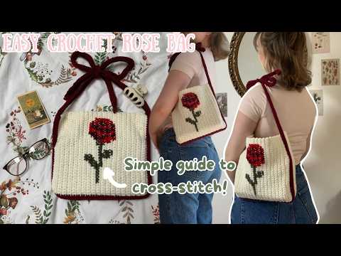 how to crochet a cute rose shoulder bag🌹beginner guide to cross-stitch on crochet | thisfairymade (video tutorial)