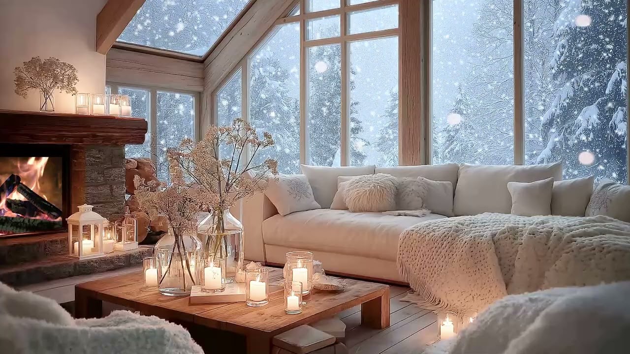 🌙❄️ Romantic Snowfall Piano Ambience | Fireplace Warmth & Floral Touch | Relax, Study, Inner Peace