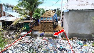 Part 2| New Action Building Road of Deep pond From Bulldozer Move Stone & Dump Trucks Unloading