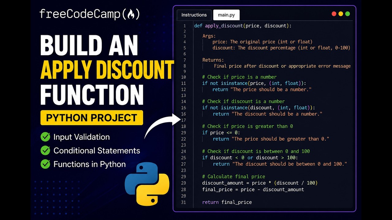 freecodecamp python projects for beginners - design... Build an Apply Discount Function | freeCodeCamp Python Project | Lab 2 ...