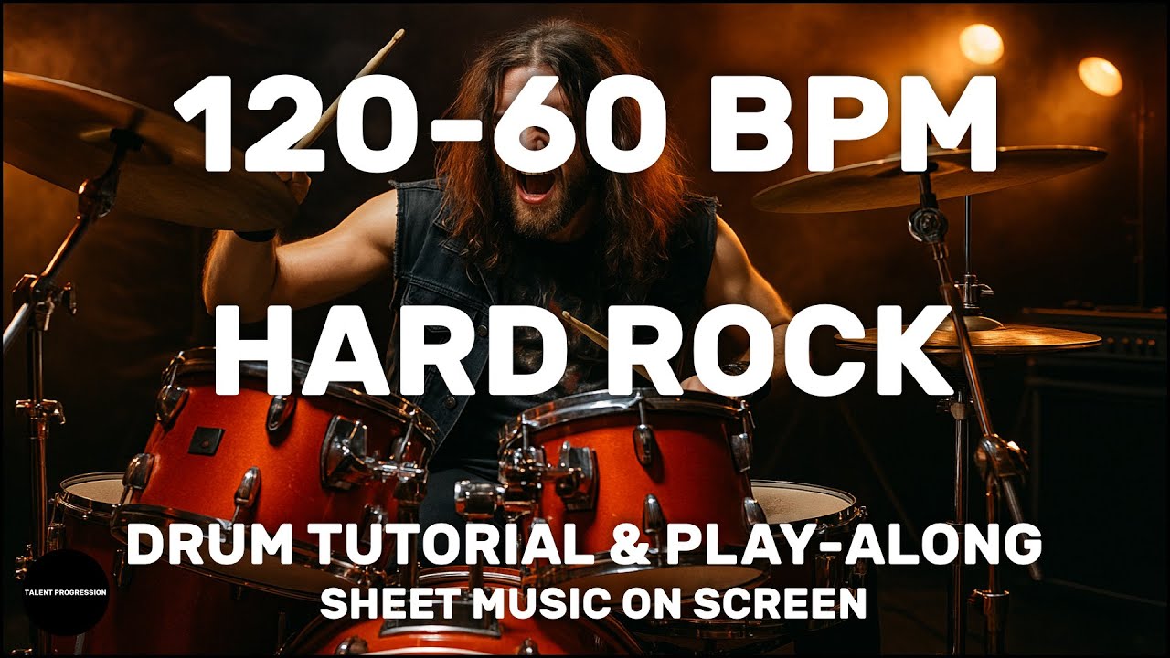Hard Rock │ Drum Tutorial │ Sheet Music + Play-Along │ 120→60 BPM (Multi-Tempo)