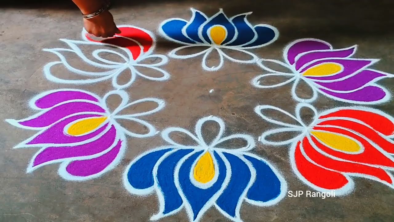 Margazhi madham special rangoli 🌺 5*3 dots Lotus 🪷 colour flowers kolam 🌺 simple method muggulu
