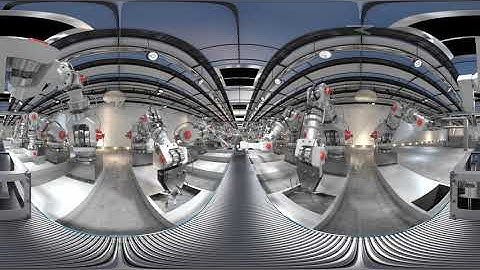 Robotic Arm Assembling 3d Printer On Conveyor Belt. 8K 360 VR animation