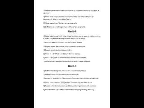 C++ Important Questions || C++ Unit wise Important Questions || OOPS ...