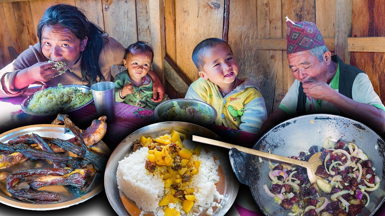 Buff Dry Meat & Potato mix Curry Recipe with Rice cooking & eating || New Nepali Village food Vlog