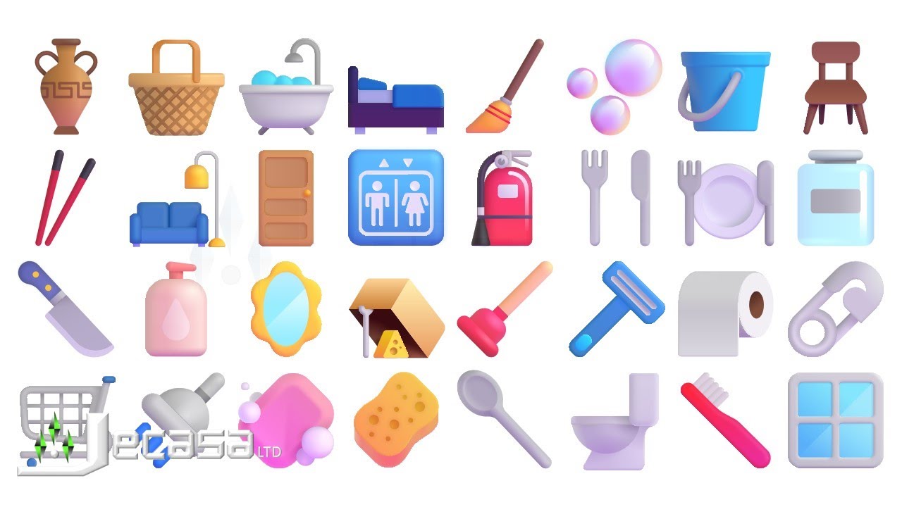 3D Emoji Meanings Part 41 - Household and Dishware Items | Fluent Emojis |  Learning English, image size:1280x720