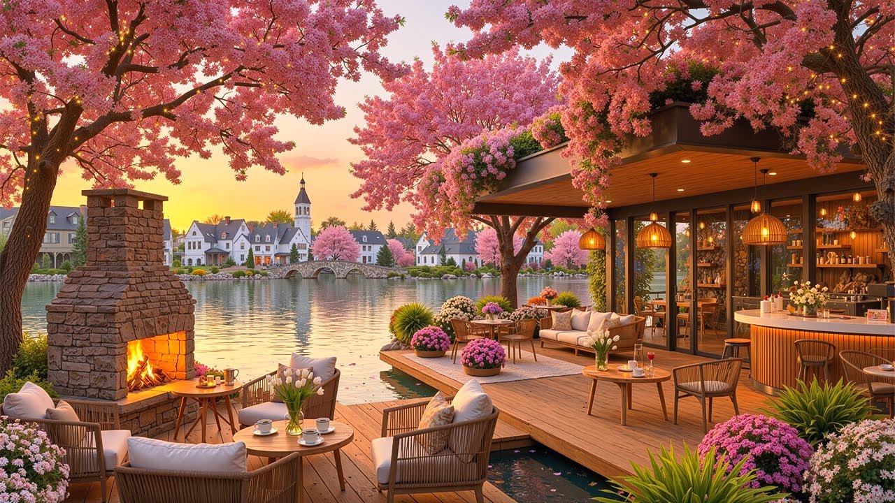 🌺 Beautiful Spring Morning & Relaxing Sweet Jazz Music in Fresh Outdoor Coffee Shop Ambience