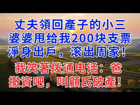 丈夫領回產子的小三，婆婆甩给我200块支票：淨身出戶，滚出周家！我笑著拨通电话：爸，撤資吧，叫顧氏破產！#慧心家事#為人處世#生活經驗#情感故事#晚年哲理#說故事#完結文#原創故事