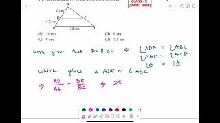  In the given figure △ABC is shown. DE is parallel to BC. If AD=5 cm, DB=2.5 cm and BC=12 cm, then 