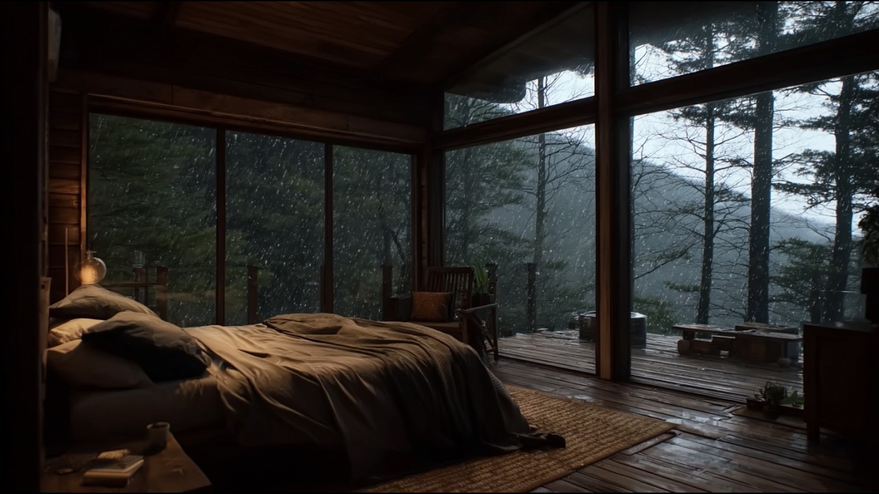 Heavy Rain Sounds 🌧️ Mountain View Bedroom & Rain on Deck for Deep Relaxation